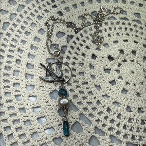 Silver Bird Pendant pearl, kyanite & glass Necklace